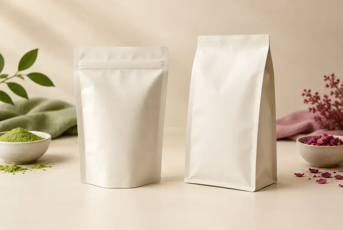 Flachbodenbeutel: Aufbau, Einsatz und Vergleich mit dem Doypack 2 Flachbodenbeutel und Doypack nebeneinander im Vergleich von Boden und Form