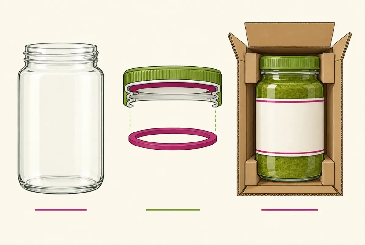Glasverpackung 2 Glasverpackung in drei Ebenen: Glasbehälter, Verschluss mit Dichtung und Gesamtsystem mit Etikett und Umkarton