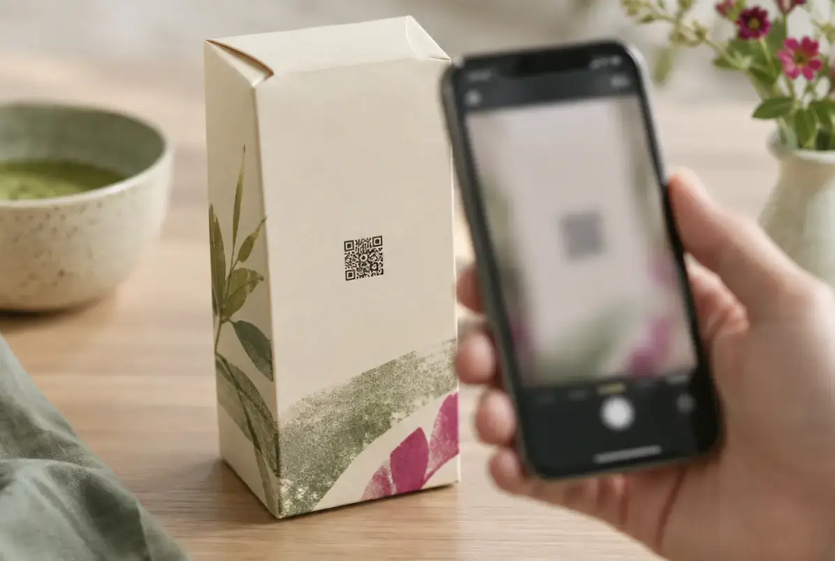 GS1 Digital Link: Der 2D-Code mit Artikelnummer und Web-Adresse 2 Smartphone scannt einen 2D-Code auf einer cremefarbenen Faltschachtel