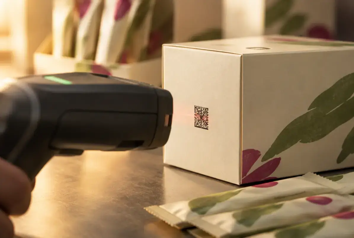 GTIN 3 Handscanner liest einen 2D-Code auf der Seitenfläche einer Faltschachtel