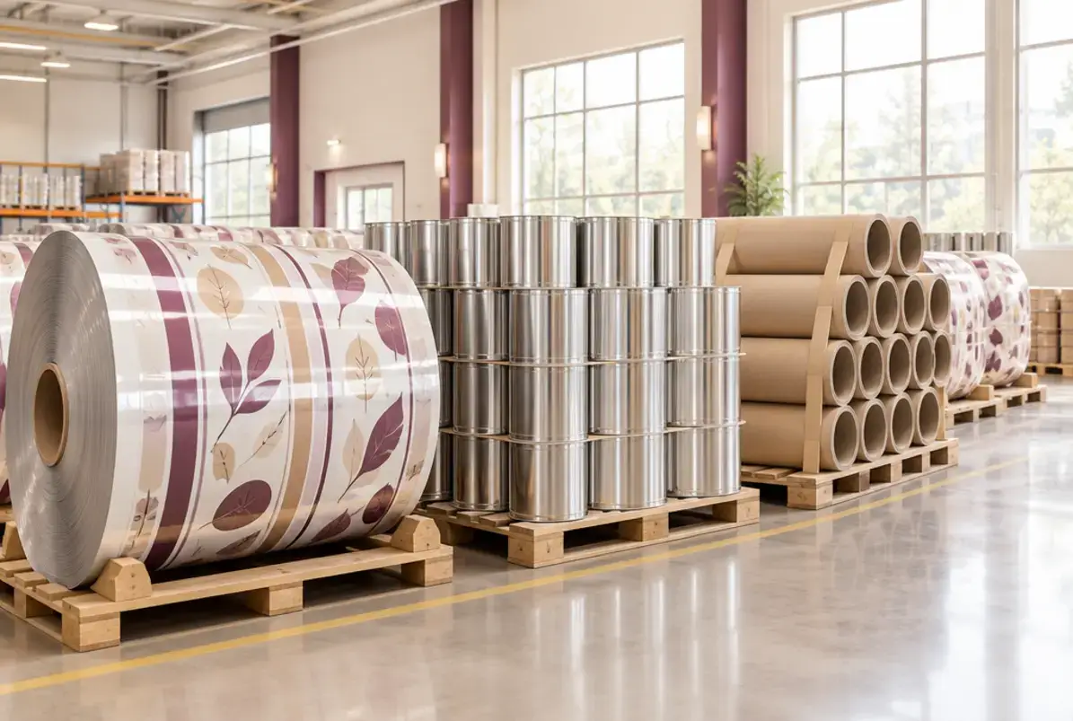 Lebensmittelkontaktmaterialien: Rahmen, Materialgruppen und Nachweise für Verpackungen 3 Folienrollen, Dosenrohlinge und Kartonhülsen in einer Packmittelhalle als Stationen der Lieferkette