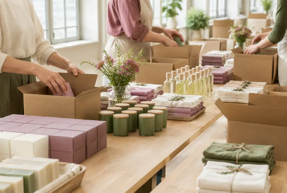 Lohnverpackung - Lohnverpacker 3 Lohnverpackung: Ware wird im Auftrag an einem Packtisch in Kartons gelegt