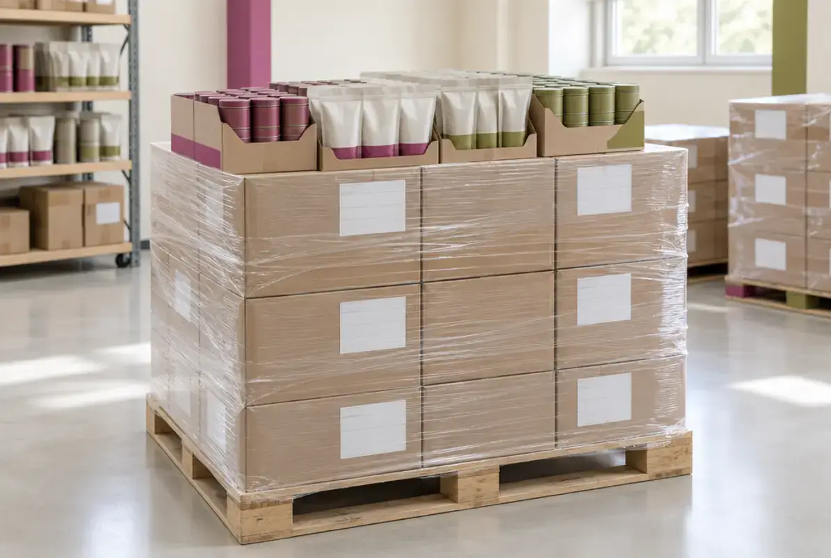 Lohnverpackung - Lohnverpacker 2 Fertige Dosen in Faltschachteln und Umkartons auf einer Palette, bereit für den Versand