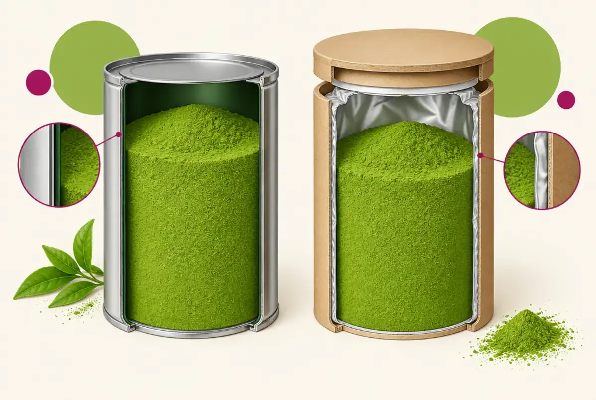 Matcha Dosen 2 Querschnitt einer Metalldose mit Innenlack und einer Pappdose mit Aluminium-Liner, beide mit Matcha-Pulver gefüllt