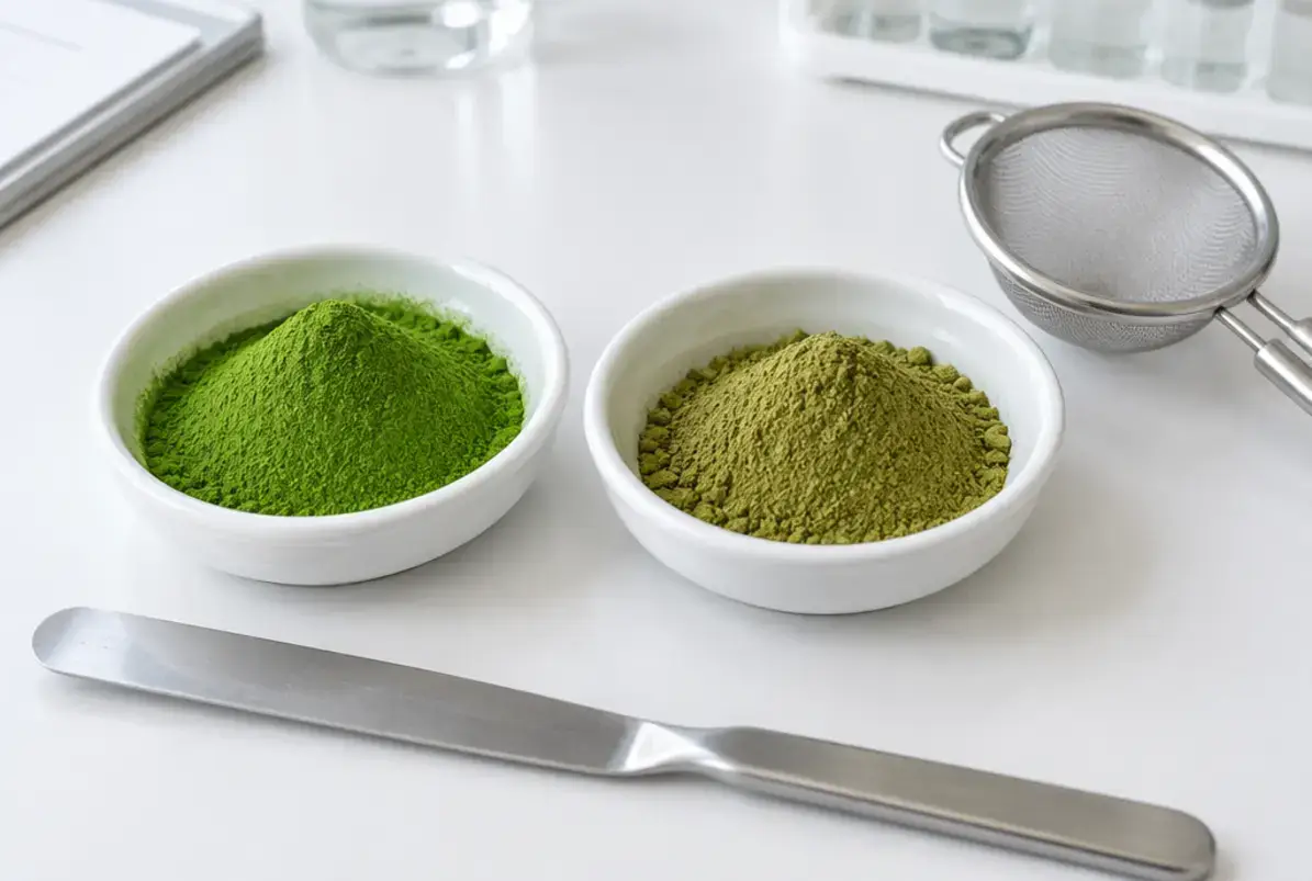 Matcha Tee 4 Zwei Matcha-Pulverproben im Vergleich: leuchtend grün und matt gelblich-oliv