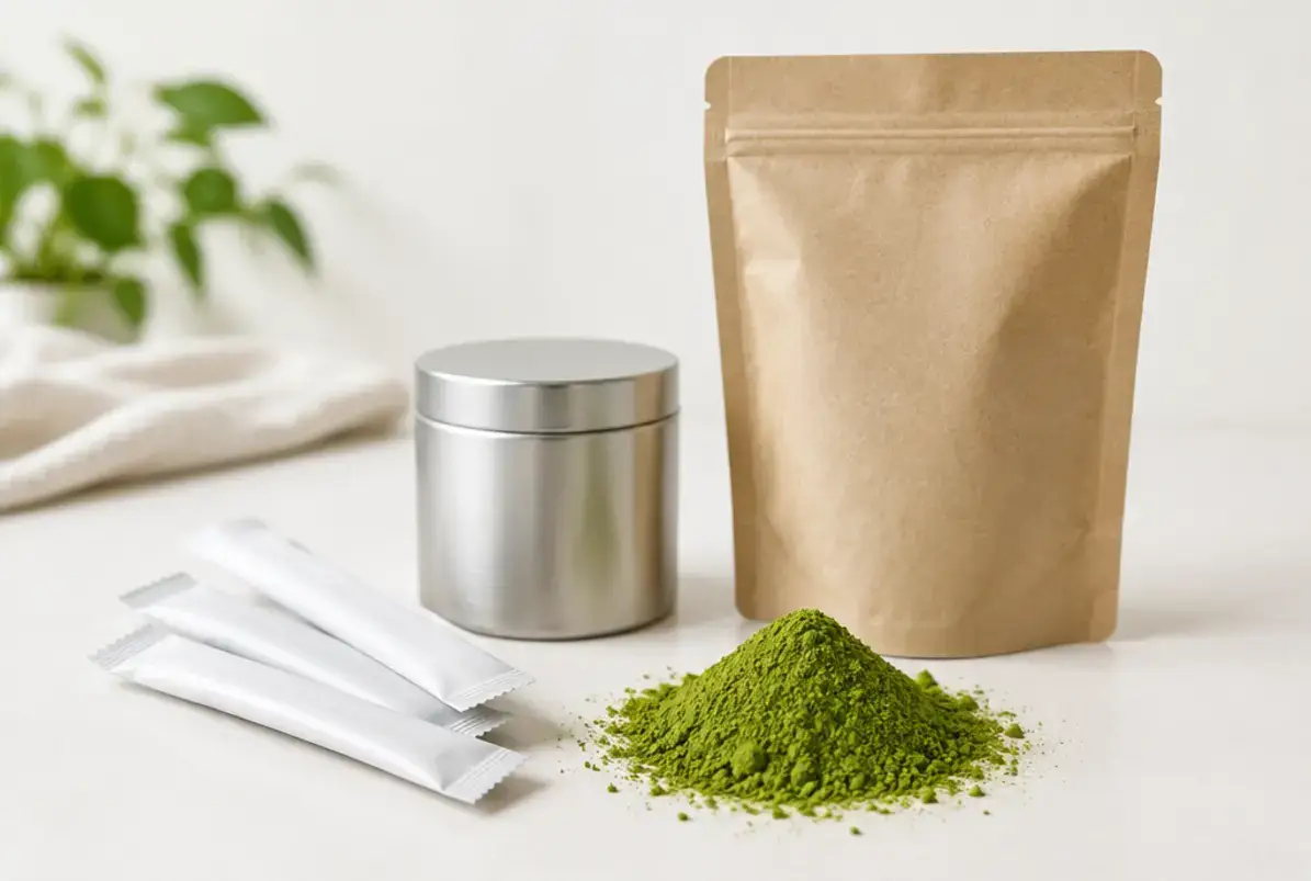 Matcha Tee 3 Matcha Pulver neben neutralen Stickpacks, einer Metalldose und einem Doypack aus Kraftpapier