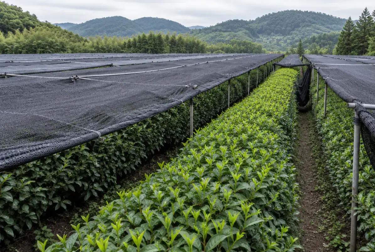 Matcha Tee 2 Beschattete Teesträucher für Matcha Tee unter schwarzen Netzen kurz vor der Ernte