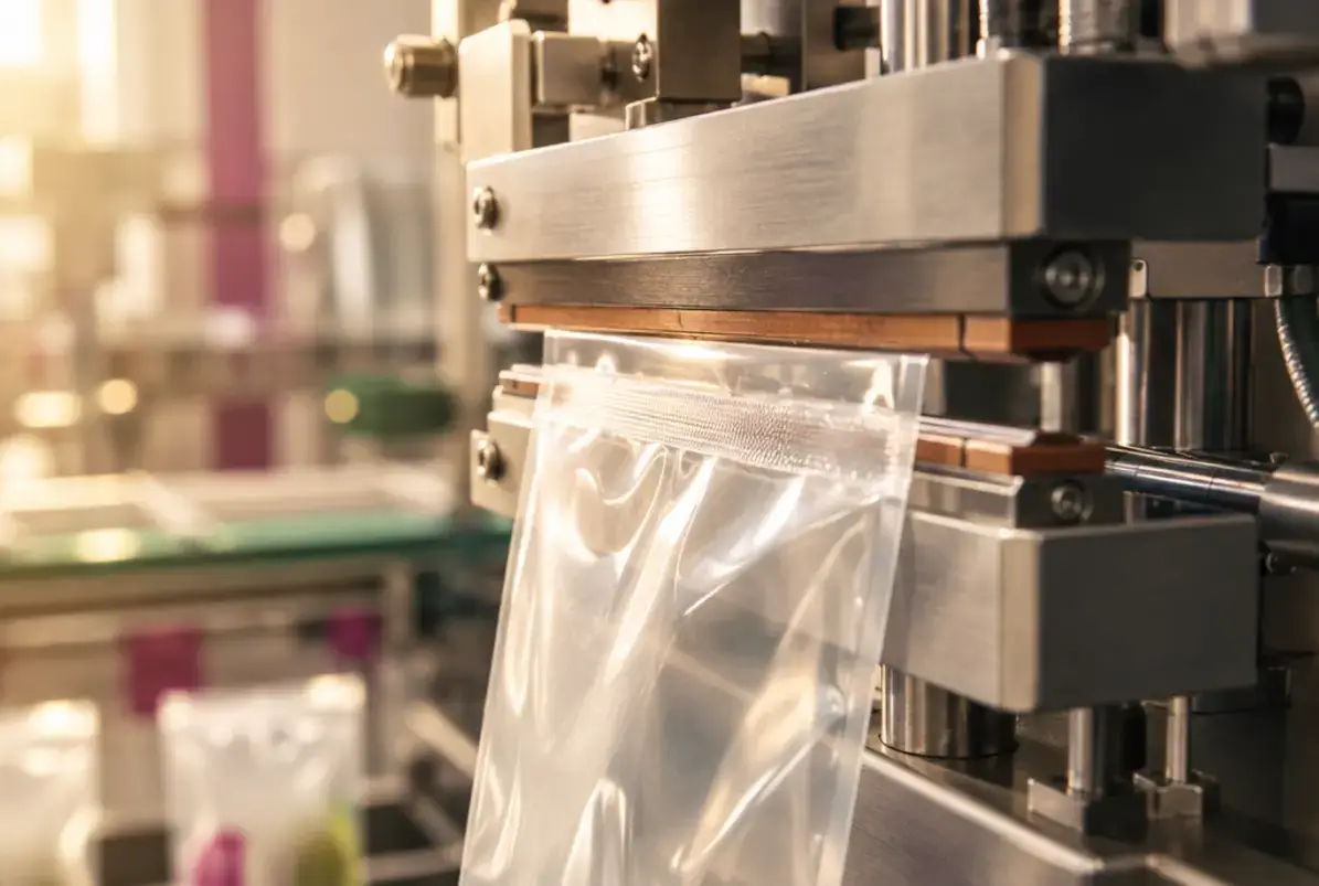 Monomaterial 3 Siegelbacken einer Abfüllanlage siegeln eine Naht in transparenter Polyolefinfolie