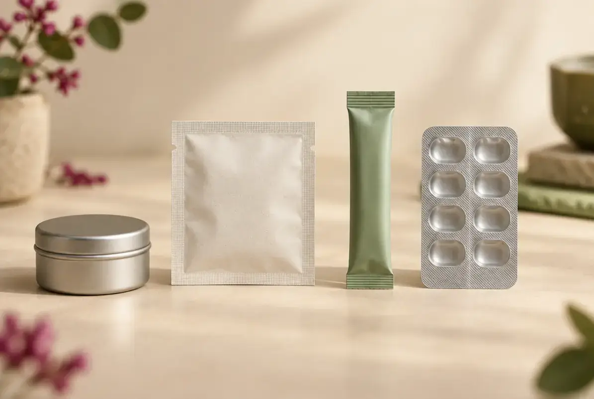 Nahrungsergänzungsmittel 3 Verpackungsoptionen für Kapseln und Pulver: Dose, Sachet, Stickpack und Blisterstreifen ohne Aufdruck
