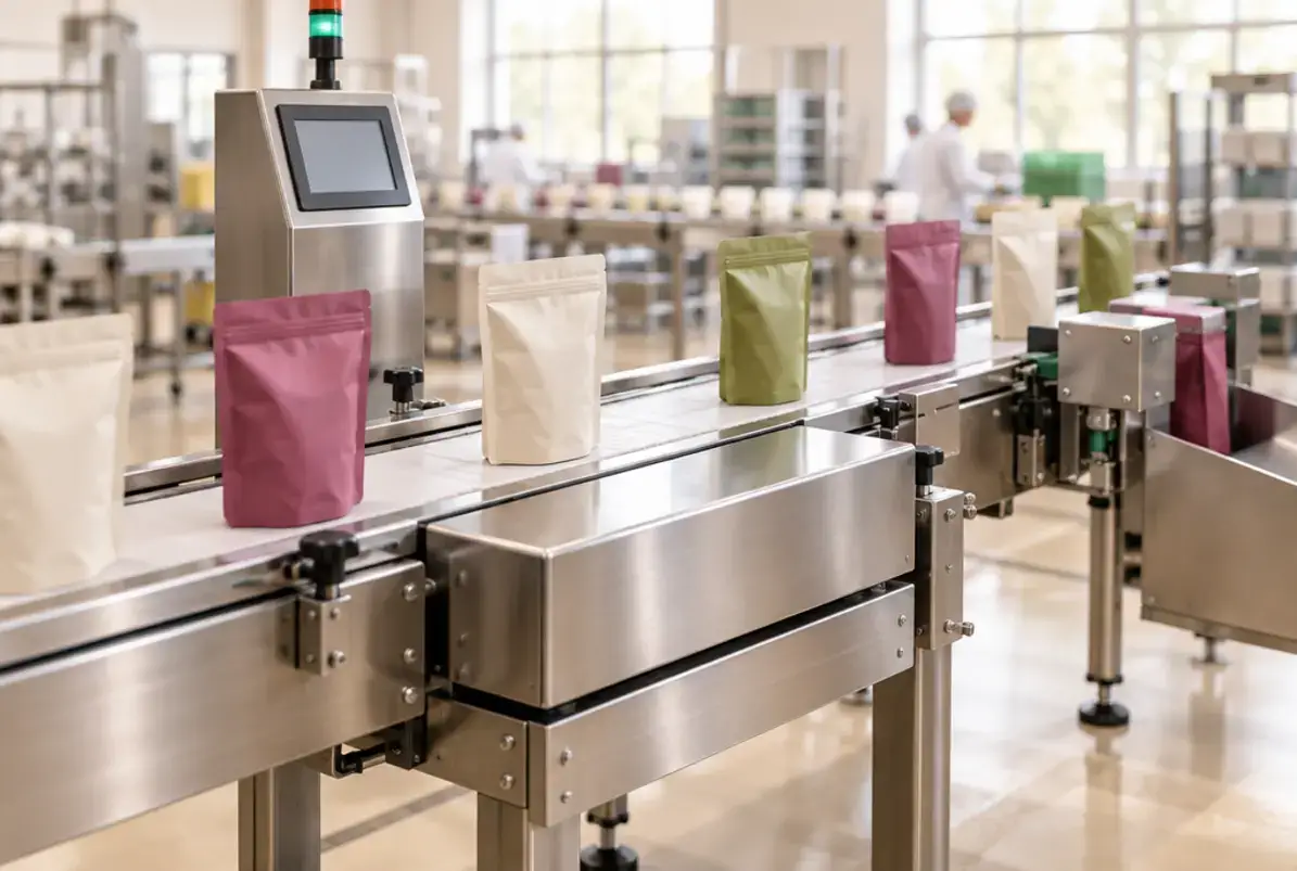 Nettofüllmenge: Fertigpackung, e-Zeichen und Füllmengenkontrolle erklärt 3 Dynamische Kontrollwaage am Linienende: Standbodenbeutel laufen einzeln über eine Bandwaage