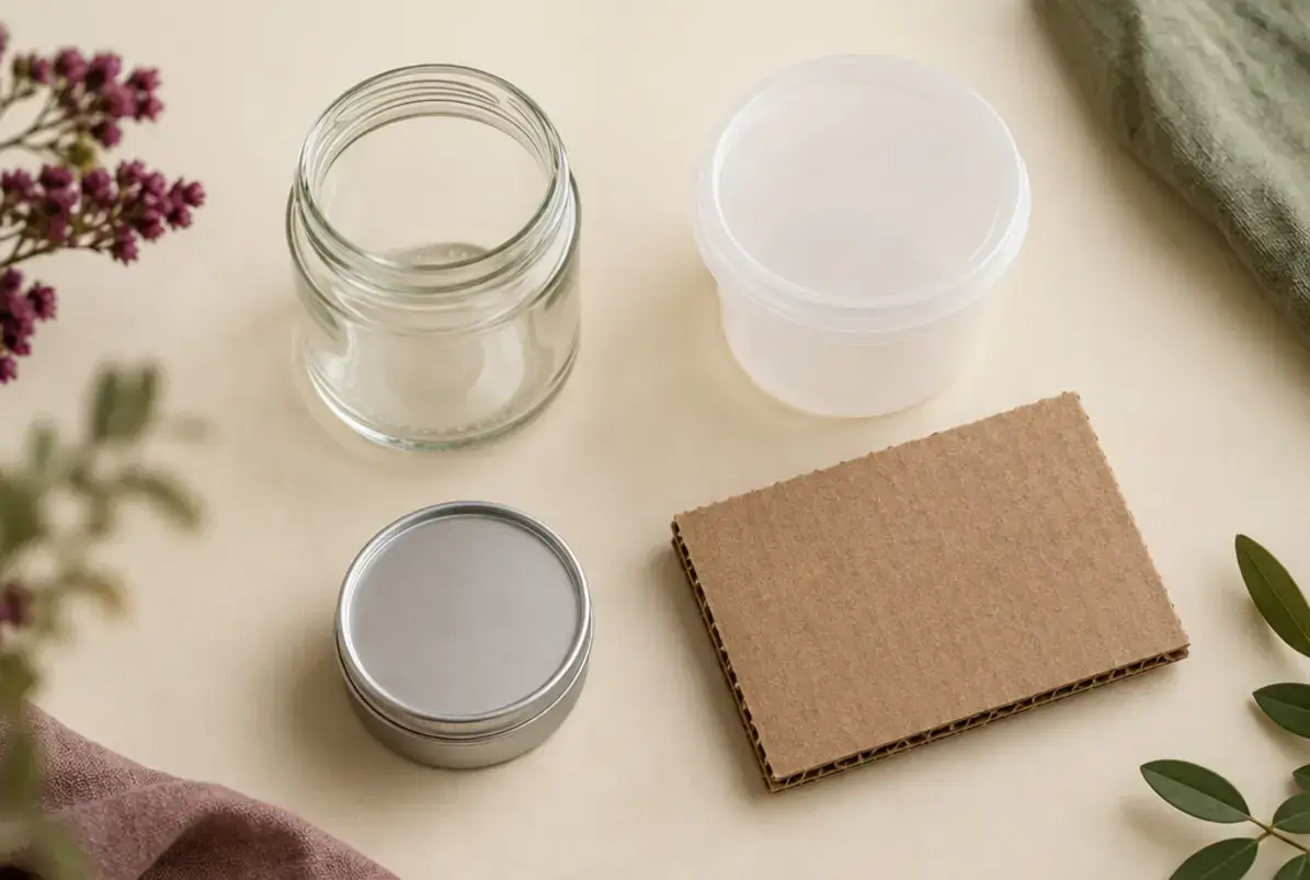 Packmittel 2 Verpackungen aus vier Packstoffen: Glas, Kunststoff, Aluminium und Karton nebeneinander