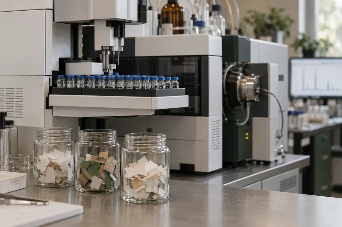 PFAS in Lebensmittelverpackungen 2 LC-MS-Analysegerät mit Probenfläschchen für die PFAS-Analytik von Verpackungen