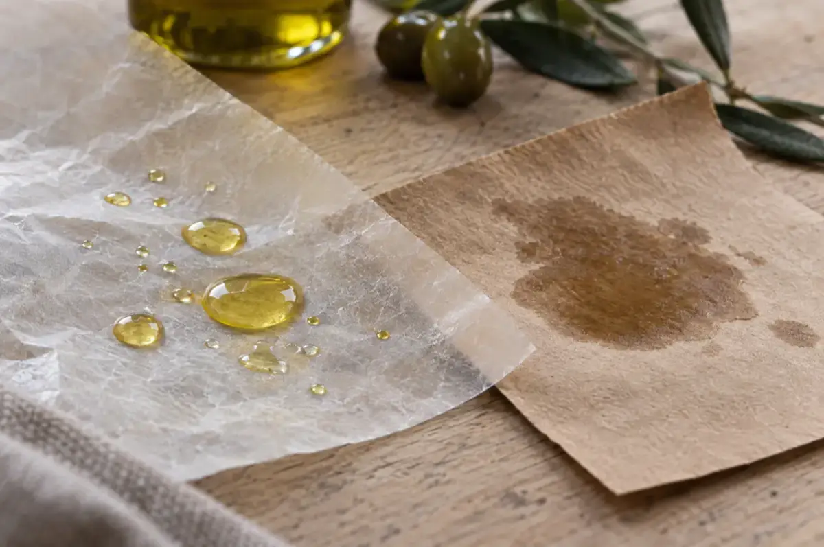 PFAS in Lebensmittelverpackungen 3 Pergamin und Kraftpapier im Vergleich mit Öltropfen als Test der Fettbarriere