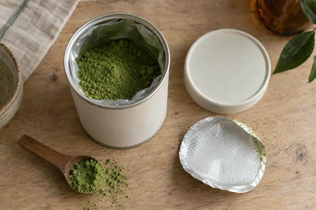 PFAS in Lebensmittelverpackungen 4 Geöffnete Pappdose mit Innenbarriere und Membrandeckel neben Matchapulver