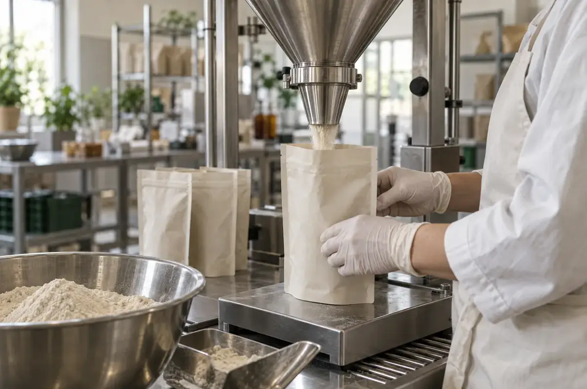 PPWR – Packaging and Packaging Waste Regulation 4 Abfüllung von Pulver in Standbodenbeutel an einer Dosierstation in der Lohnabfüllung