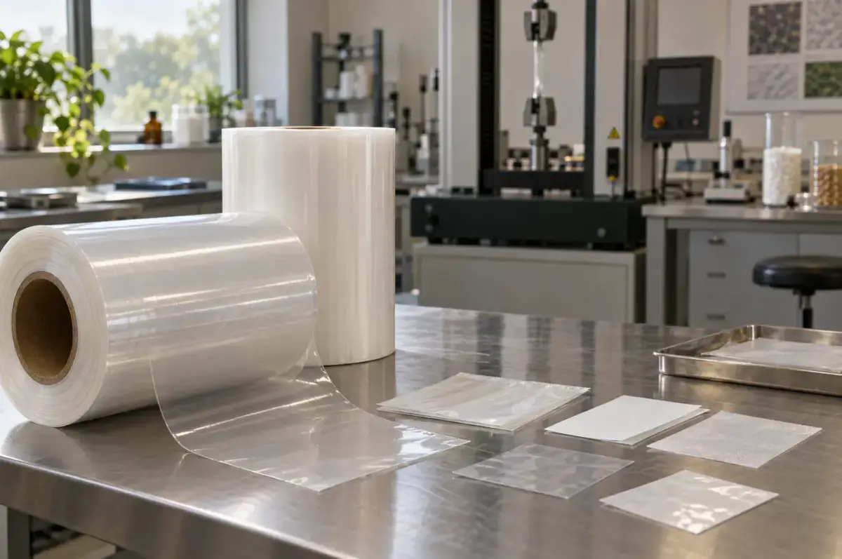 PPWR – Packaging and Packaging Waste Regulation 3 Monomaterial-Folienrollen und Laminatproben im Qualitätslabor eines Lohnverpackers