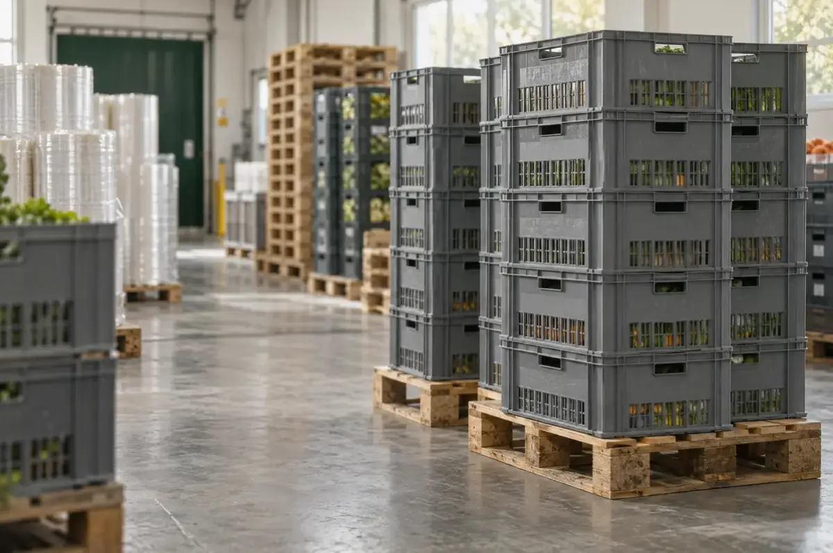 ppwr fristen 4 Wiederverwendbare Transportkisten und Paletten in einem Lebensmittellager