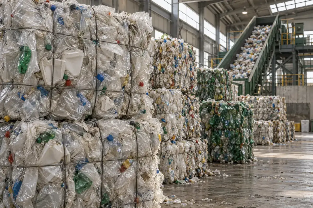 ppwr fristen 3 Sortierte Ballen aus Kunststoffverpackungen in einer Recyclinganlage