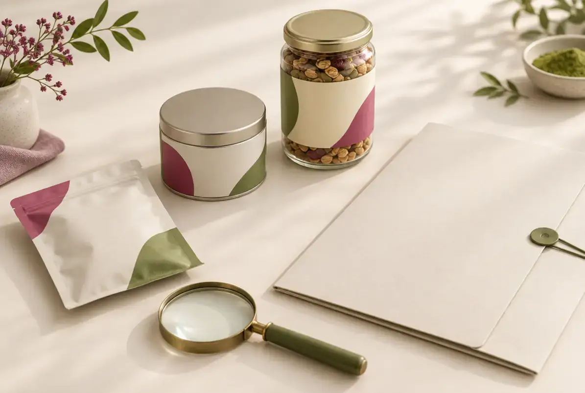 Definition von Primärverpackung 4 Verpackungsmuster und Prüfunterlagen auf einem Tisch, bereit zur Prüfung vor dem Produktionsstart