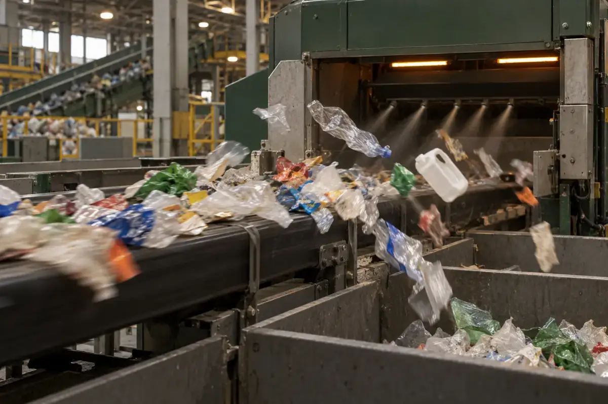 Recyclingfähigkeit 2 Nahinfrarot-Sortieranlage trennt Kunststoffverpackungen in einer Recyclinganlage