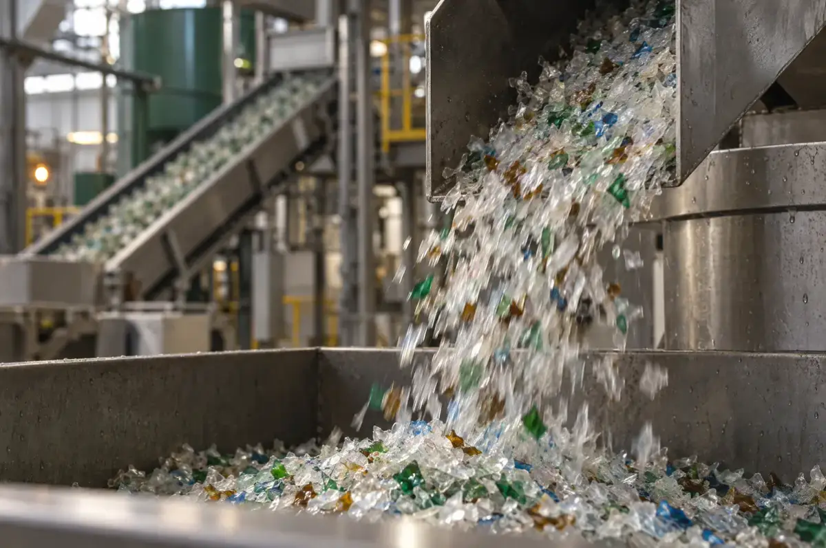 Rezyklat 2 Gewaschene PET-Flakes in einer Anlage für mechanisches Recycling