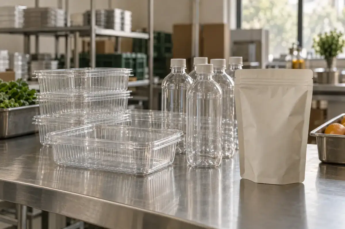 Rezyklat 4 Lebensmittelschalen und Flaschen aus recyceltem PET neben einem Standbodenbeutel