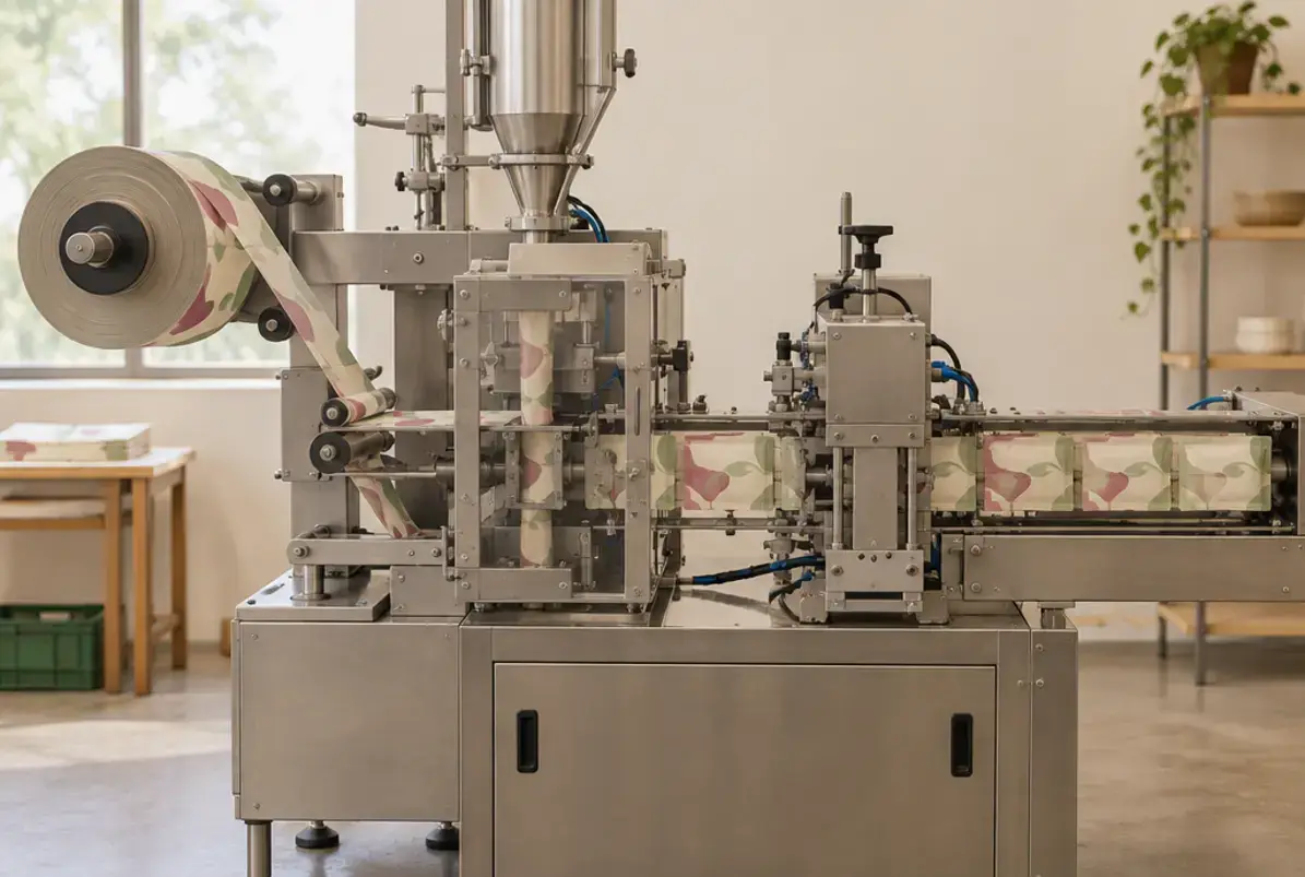 Schlauchbeutelmaschine 4 Horizontale Form-Füll-Siegel-Anlage siegelt eine Kette flacher Beutel von der Rolle