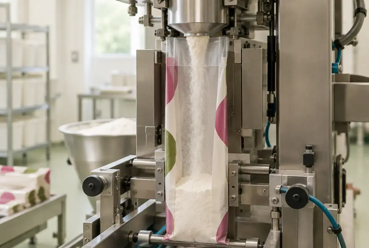 Schlauchbeutelmaschine 2 Vertikale Schlauchbeutelmaschine füllt Pulver in einen geformten Folienschlauch