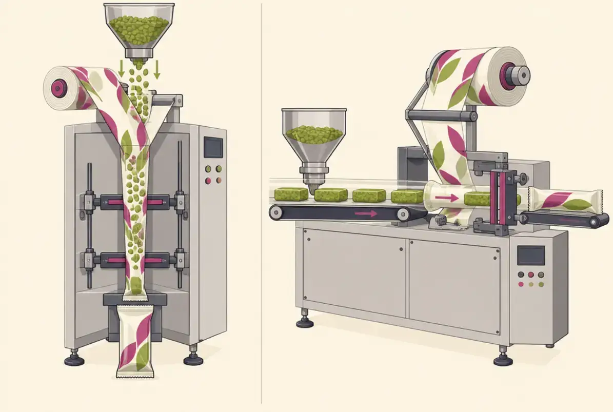 Schlauchbeutelmaschine 3 Schema: vertikale Anlage mit fallendem Produkt neben horizontaler Anlage mit zugeführtem Produkt