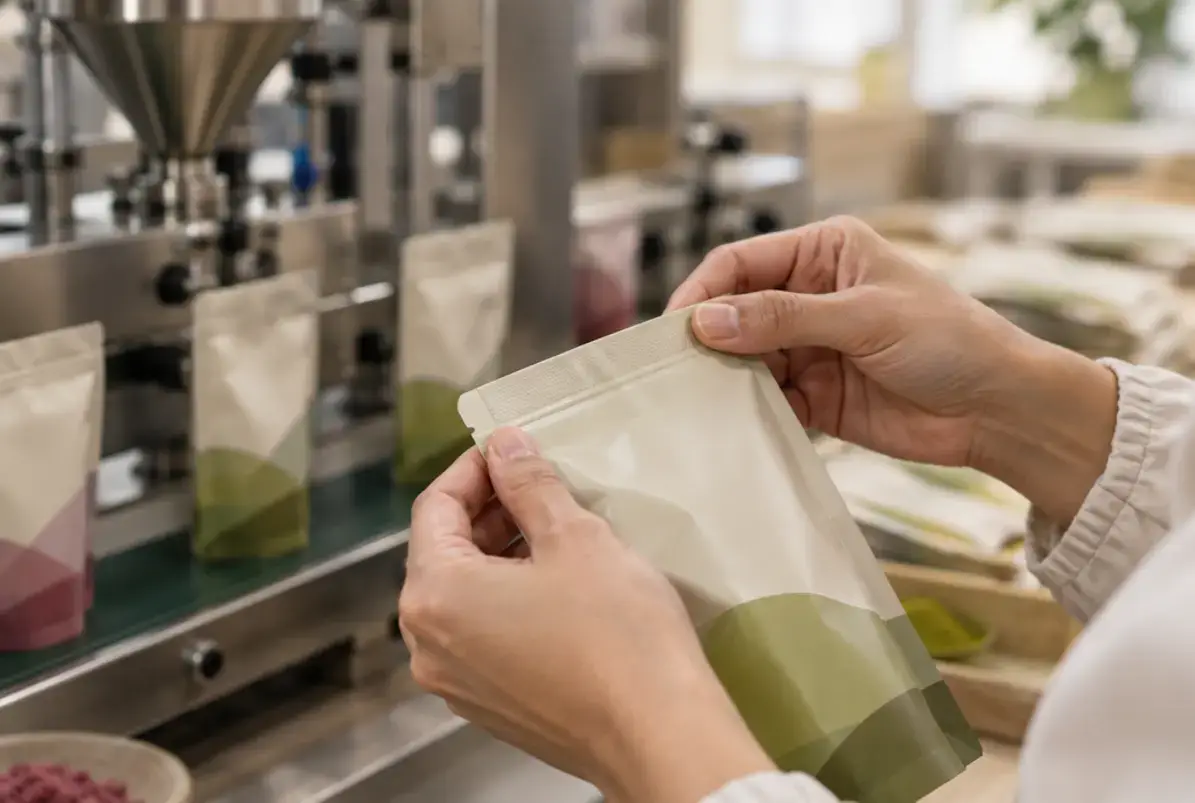 Schutzfunktion einer Verpackung 2 Siegelnahtprüfung an einer Abfüllanlage: Prüfer zieht einen frisch gesiegelten Beutel zur Kontrolle