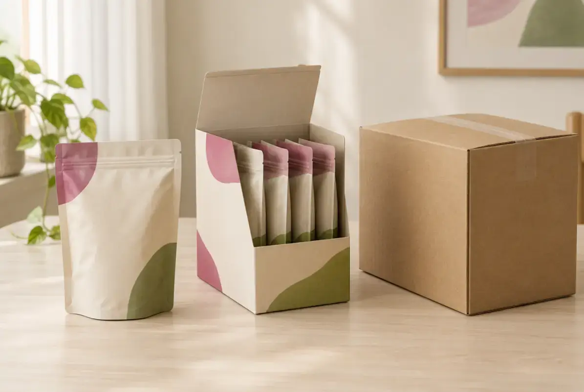 Definition von Sekundärverpackung 4 Drei Verpackungsebenen im Vergleich: Standbodenbeutel, Faltschachtel mit Beuteln und Versandkarton