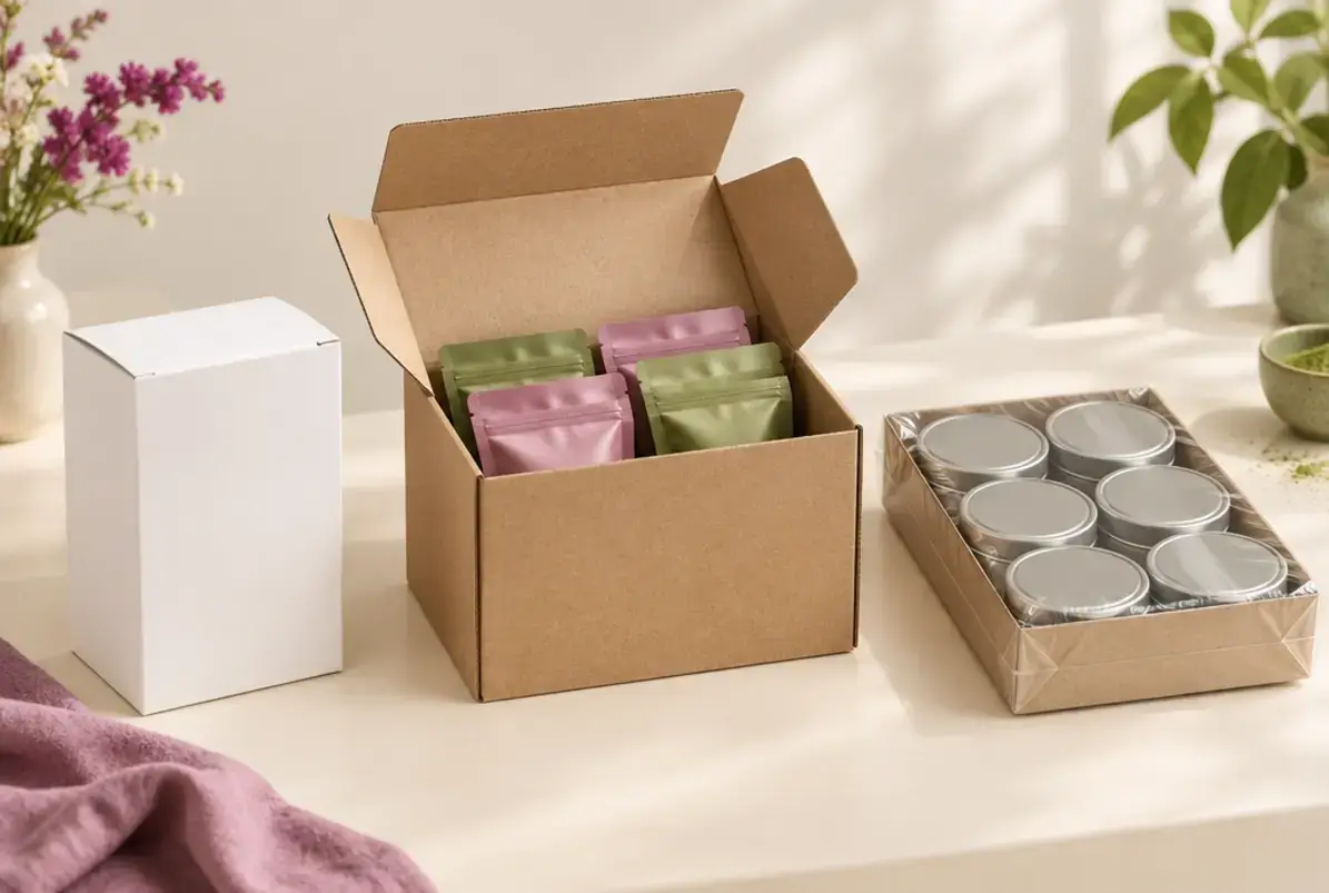 Definition von Sekundärverpackung 3 Drei Sekundärverpackungen nebeneinander: Faltschachtel, Karton und Tray mit Folie