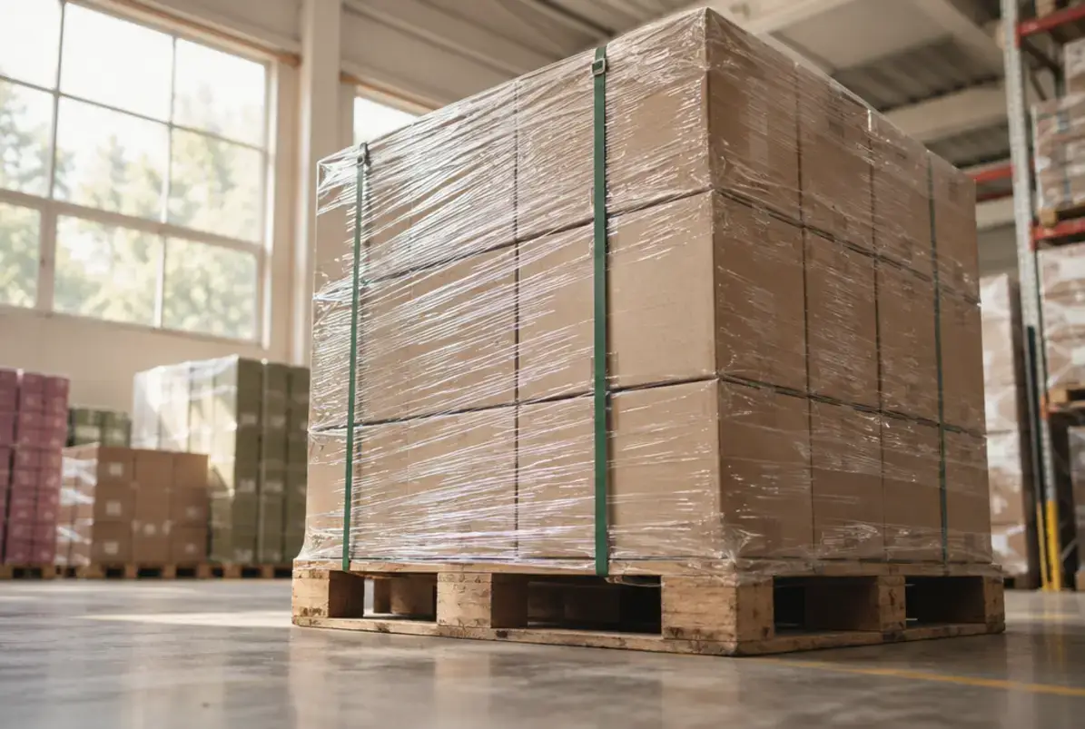 Definition von Sekundärverpackung 2 Palette mit Umkartons in Stretchfolie und Umreifungsband, aus niedriger Perspektive im Lager