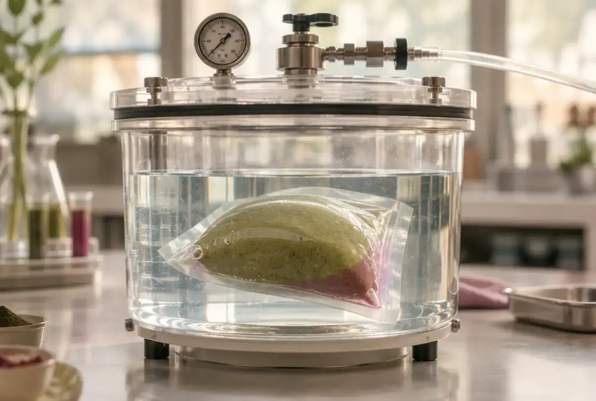 Siegelnaht: Temperatur, Druck und Zeit für eine dichte Naht 3 Gefüllter Beutel unter Wasser in einer transparenten Vakuumkammer bei der Dichtheitsprüfung