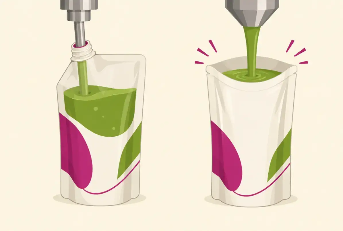 Spout (Ausgießer): Positionen, Kaliber und Verschluss am Beutel 4 Spout-Fill und Top-Fill im Vergleich: Füllnadel am Ausgießer und Befüllung über die offene Kopfnaht
