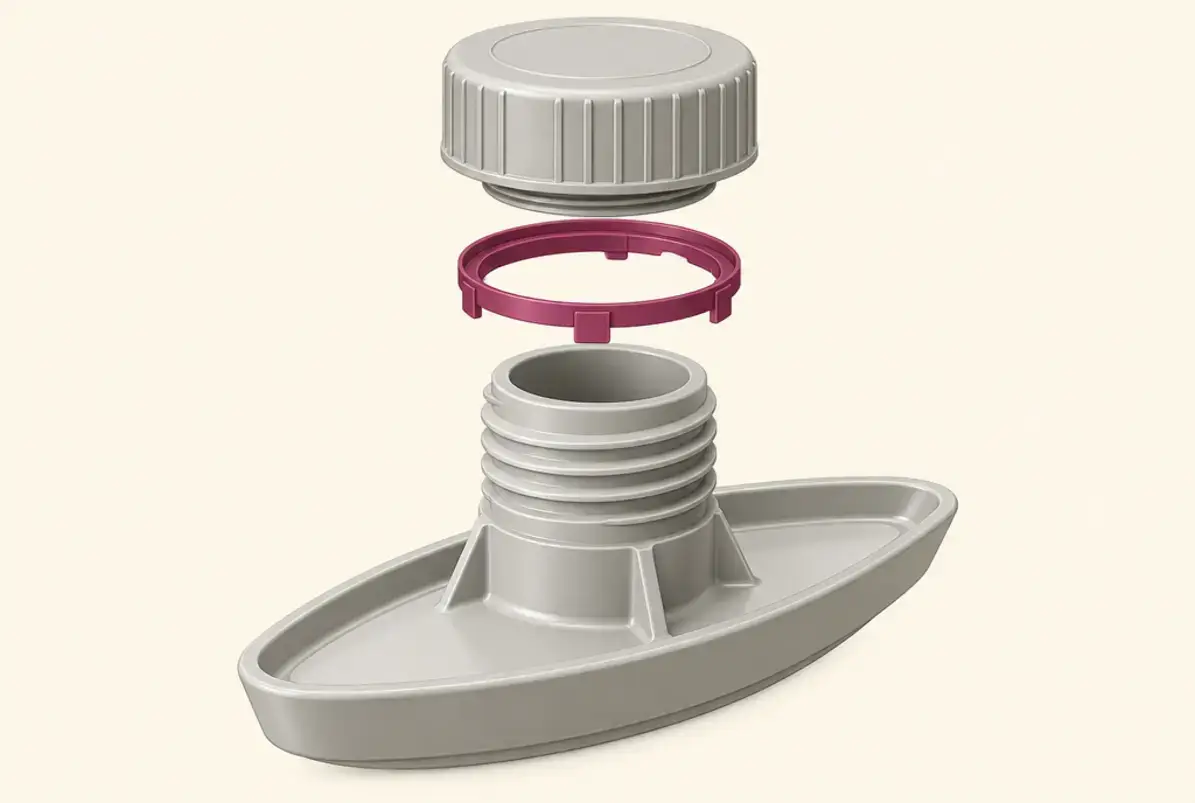 Spout (Ausgießer): Positionen, Kaliber und Verschluss am Beutel 2 Aufbau eines Spouts mit Gewinde, bootförmigem Fuß und Schraubkappe mit Originalitätsring