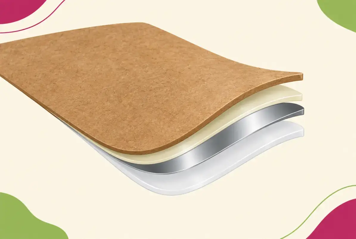 Standbodenbeutel und Doypack aus Kraftpapier 2 Schematischer Querschnitt eines Standbodenbeutels aus Kraftpapier mit Papierlage, Haftschicht, Barrierelage und Siegelschicht