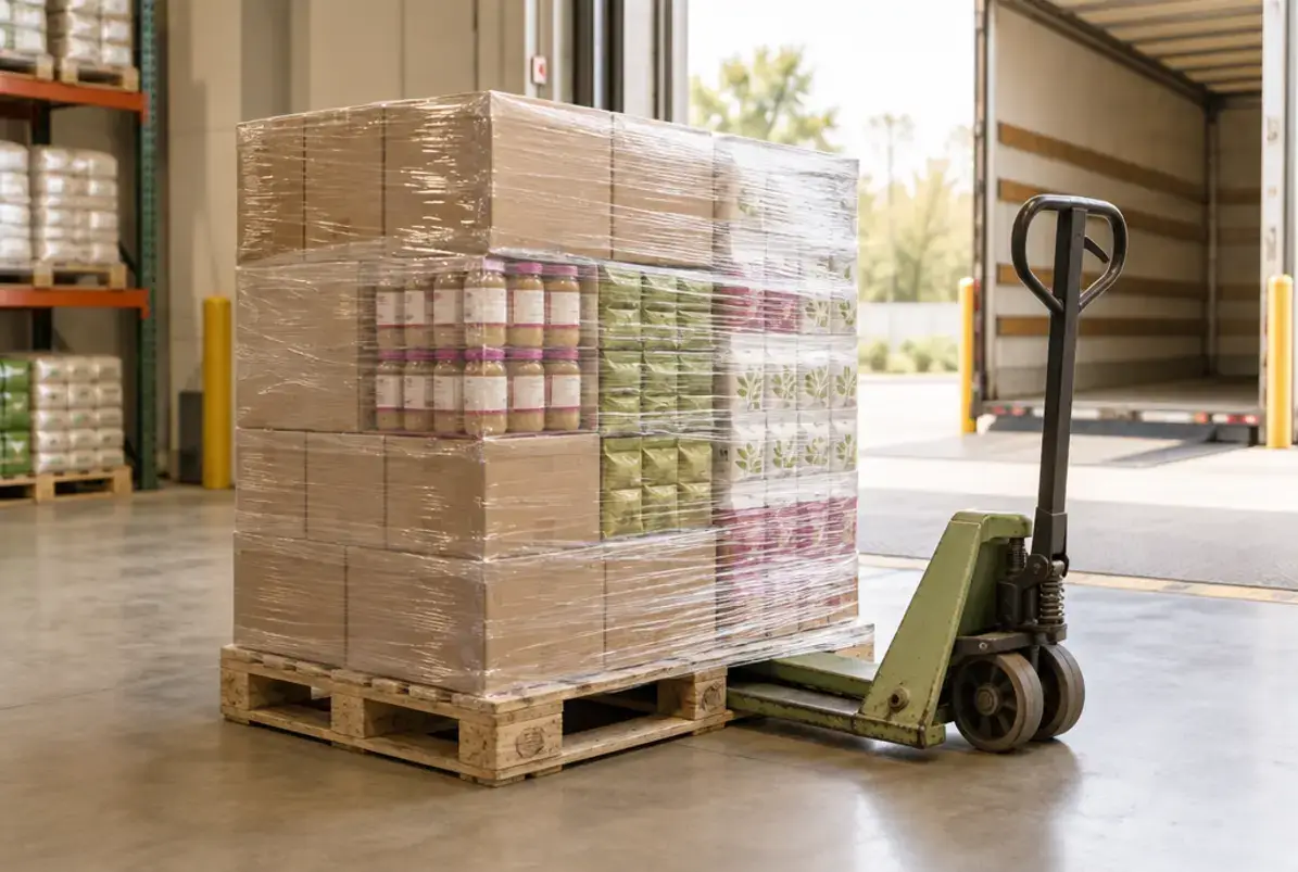 Systembeteiligung: Verpackungen lizenzieren im dualen System 3 Palettierte Kartons mit verpackter Ware am Verladetor eines Lagers, bereit zur Bereitstellung im Inland
