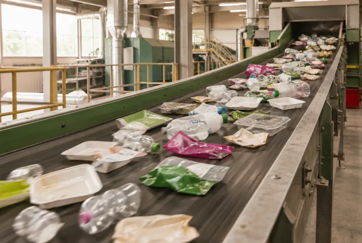 Systembeteiligung: Verpackungen lizenzieren im dualen System 4 Förderband in einer Sortieranlage mit gemischten Leichtverpackungen aus Folie, Schalen und Flaschen