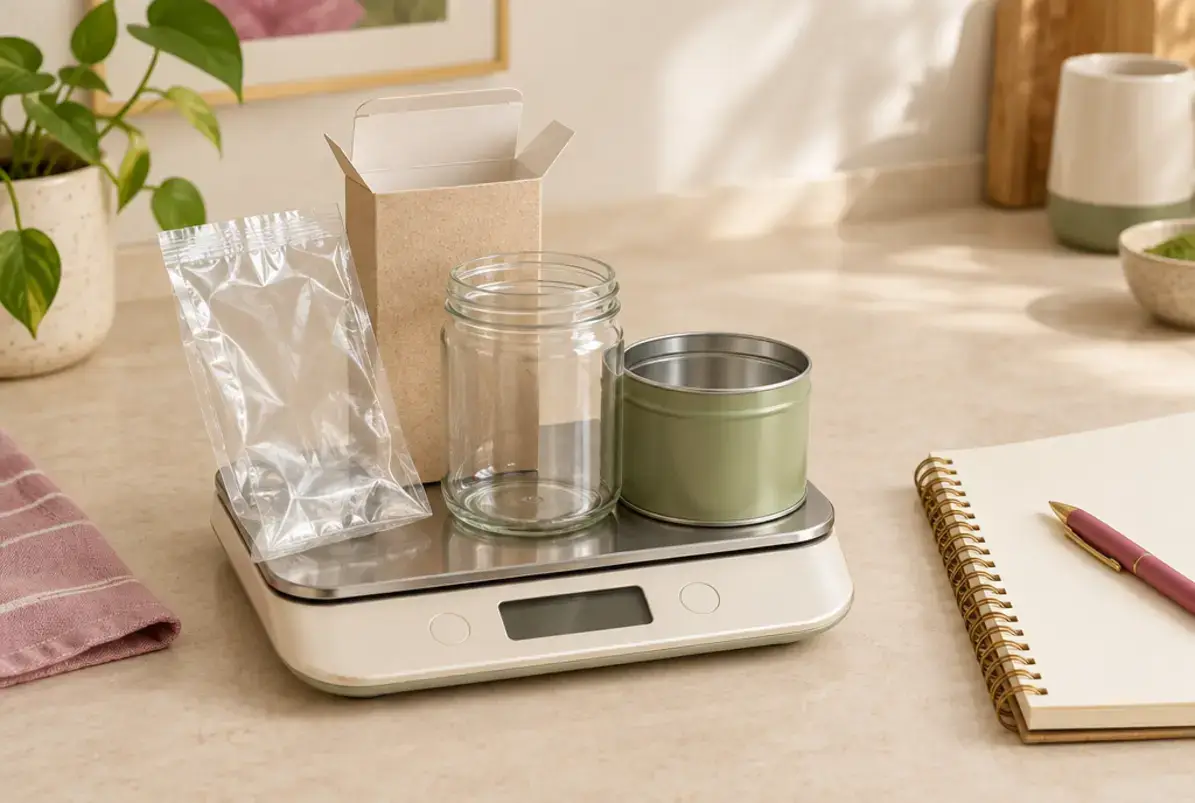 Systembeteiligung: Verpackungen lizenzieren im dualen System 2 Verpackungsmuster aus Kunststoff, Papier, Glas und Metall auf einer Waage zur Ermittlung der Mengen nach Materialart