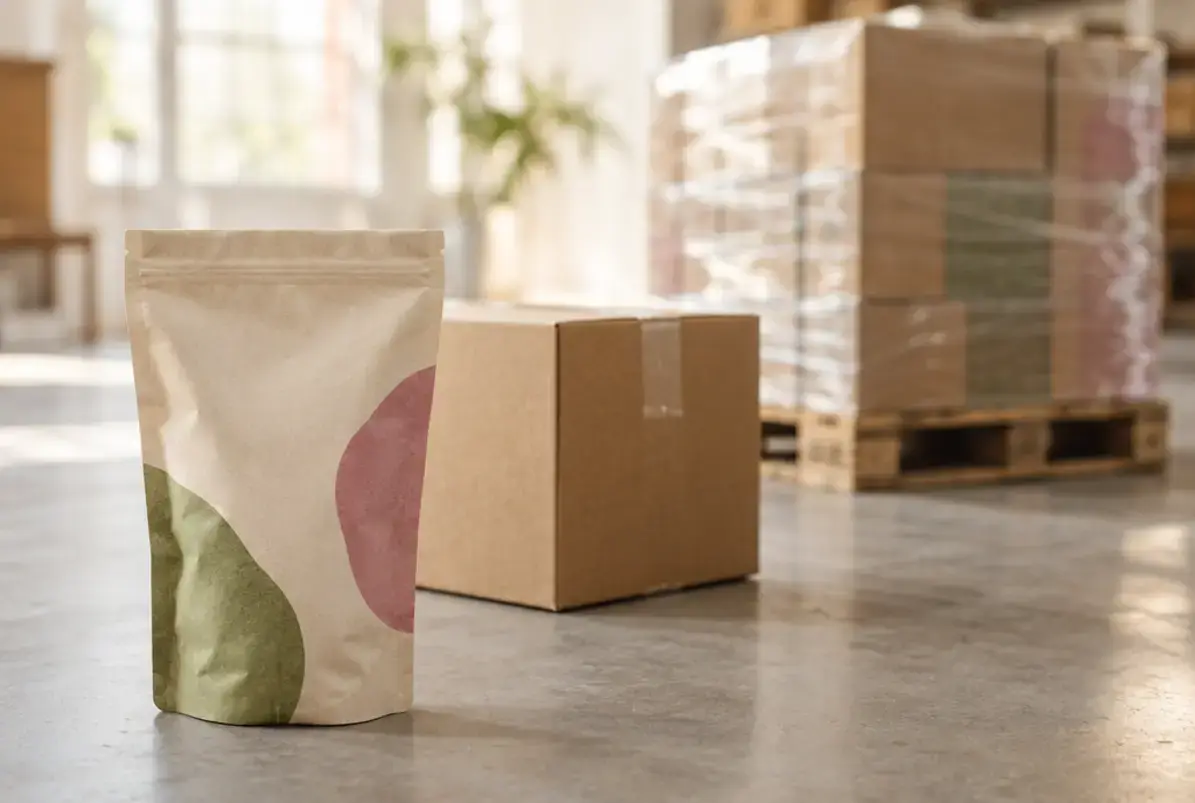 Die Tertiärverpackung 2 Drei Verpackungsebenen hintereinander: Palette, Umkarton und Beutel im Vordergrund