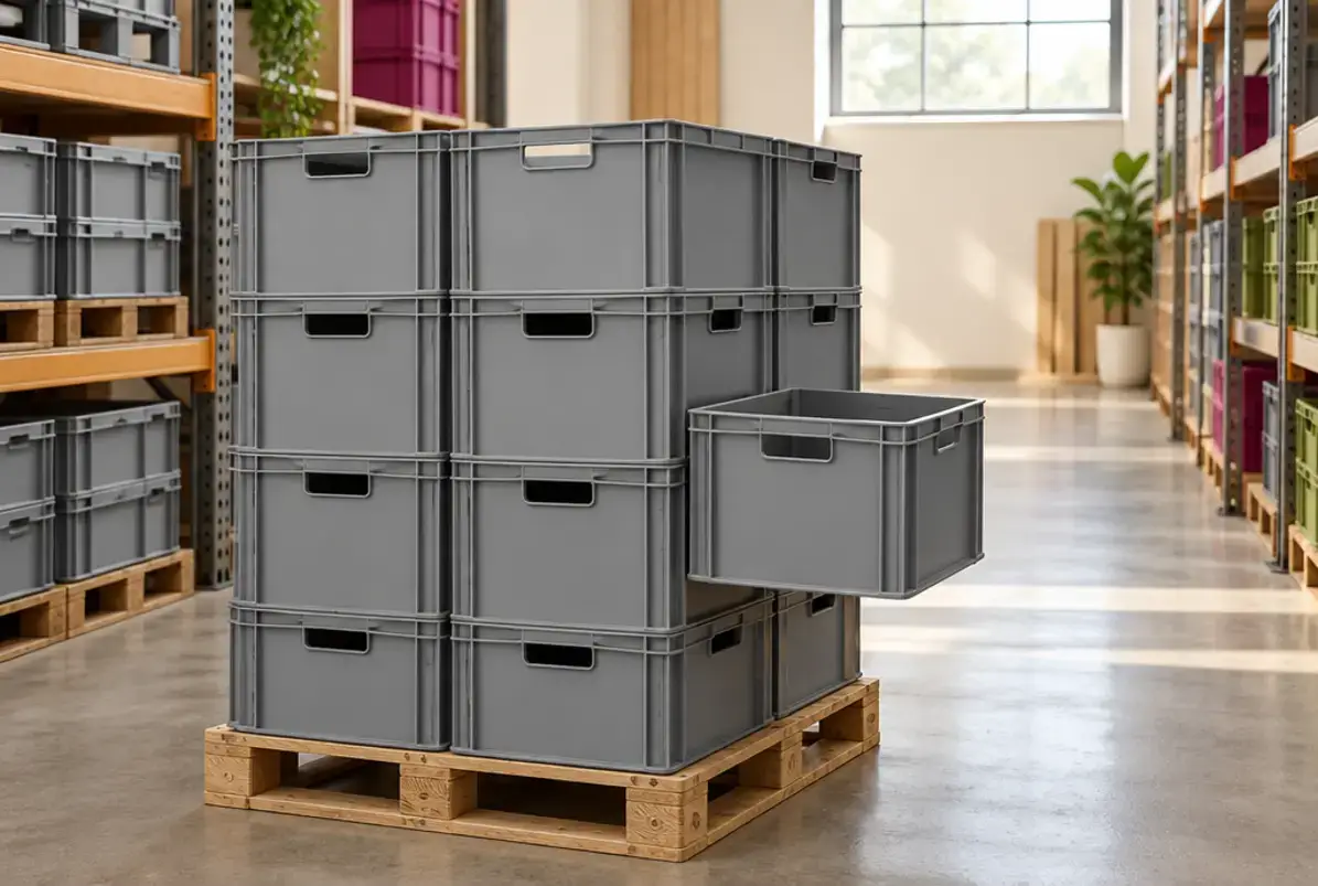 Die Tertiärverpackung 3 Gestapelte Kunststoffkisten auf einer Palette im Lager als Beispiel für wiederverwendbare Transportverpackung