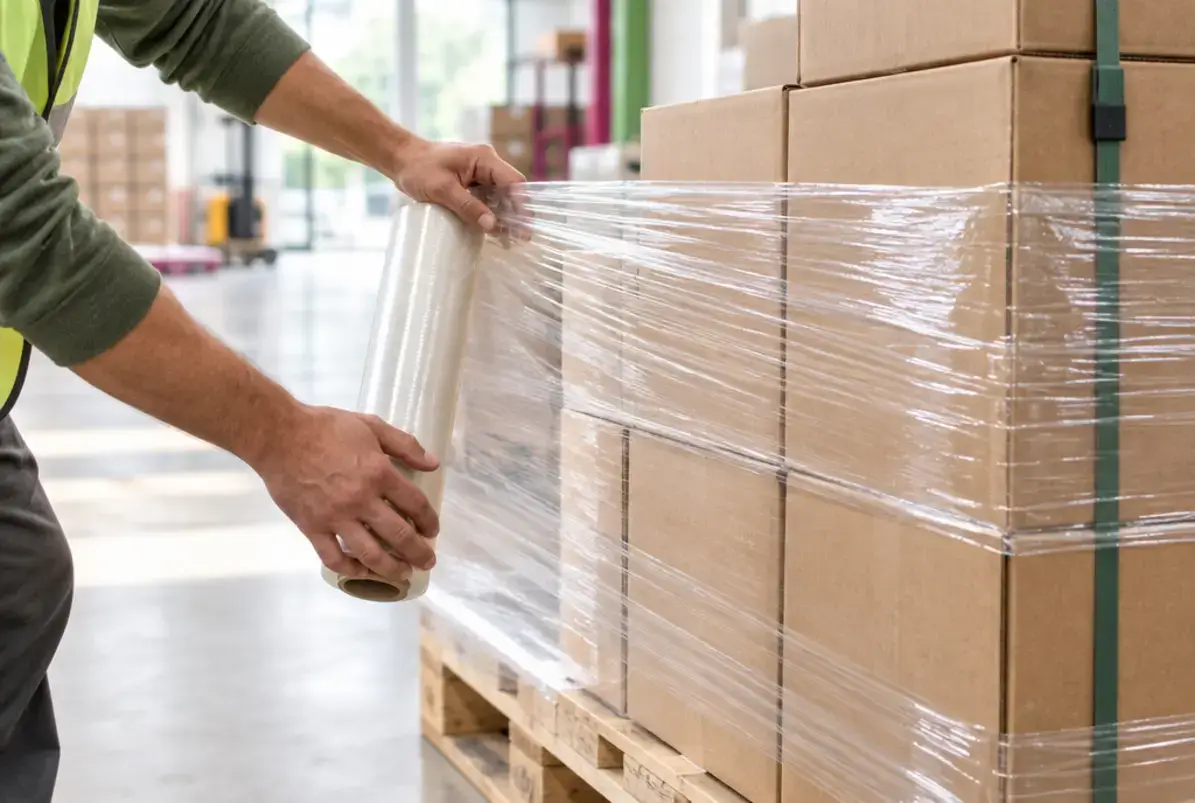 Die Tertiärverpackung 4 Hände führen Stretchfolie um eine Palette mit Umkartons und sichern die Ladeeinheit