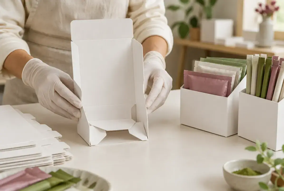 Umverpackung 2 Hände richten eine weiße Kartonschachtel mit Automatikboden auf, daneben befüllte Schachteln mit Sachets und Stickpacks