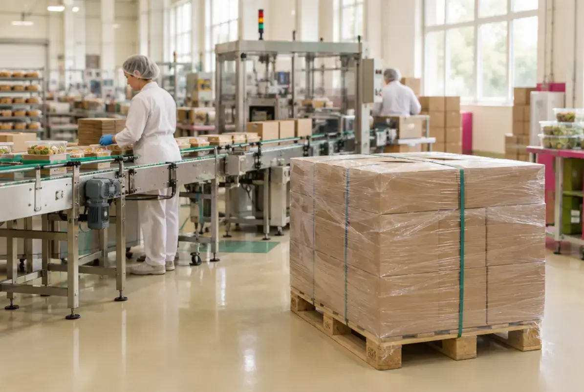 Umverpackung 4 Palettierte Umkartons mit Stretchfolie und Umreifungsband am Ende einer Abfülllinie