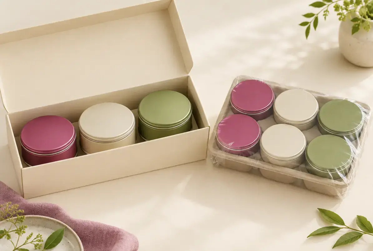 Umverpackung 3 Set aus drei Dosen in einer Kartonbox neben einem Sechser-Tray mit Folie