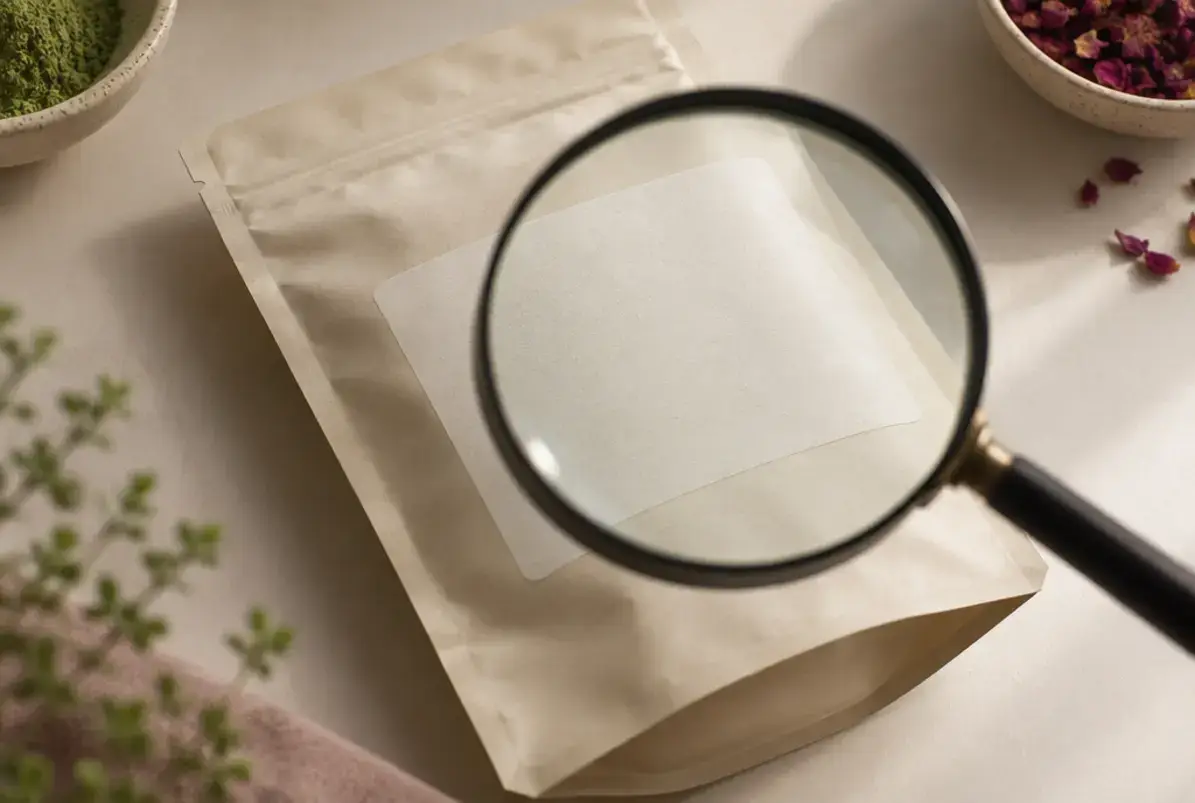 Umweltaussagen auf Verpackungen: was die EmpCo Richtlinie erlaubt 2 Lupe über der leeren Etikettenfläche eines Beutels als Sinnbild für die Prüfung einer Aussage