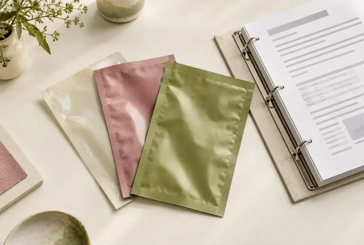 Umweltaussagen auf Verpackungen: was die EmpCo Richtlinie erlaubt 3 Folienmuster und ein Ordner mit Datenblättern auf einem Tisch als Beispiel für Nachweise zu Material und Aufbau
