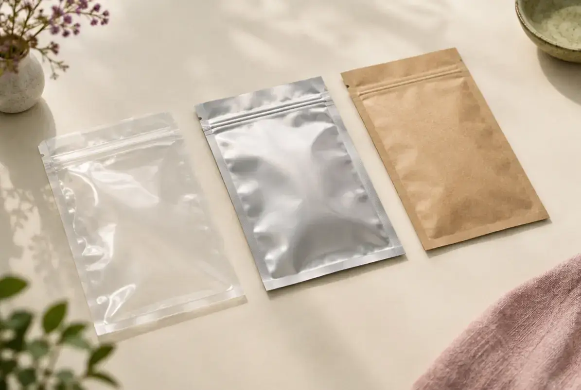 Verbundfolie: Aufbau, Schichten und Recycling im Überblick 3 Beutelmuster aus Verbundfolie: transparent, metallisiert und mit Kraftpapier-Außenlage