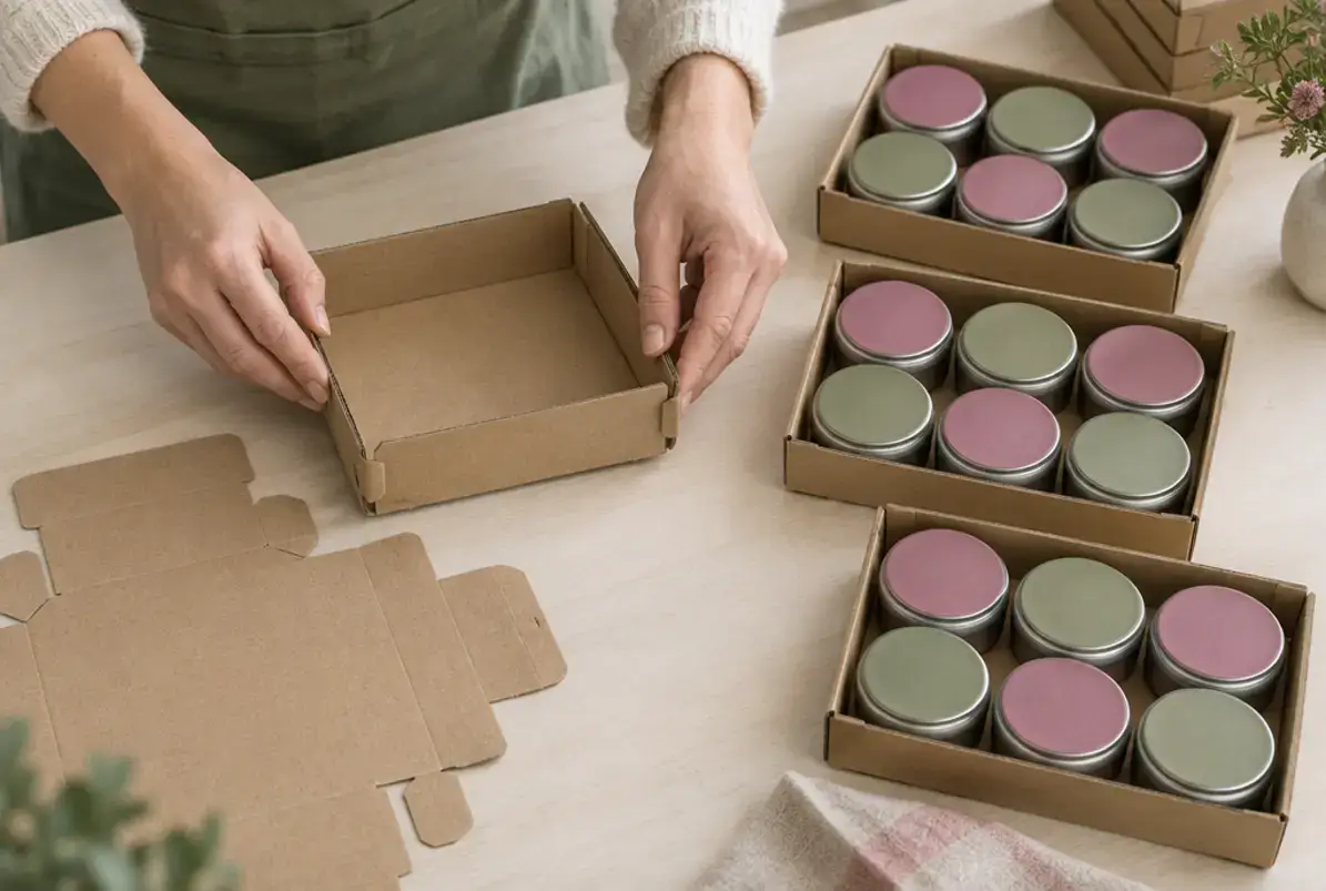 Verkaufstray 2 Hände richten einen Verkaufstray aus einem flachen Wellpappzuschnitt auf, daneben stehen bestückte Trays mit Dosen